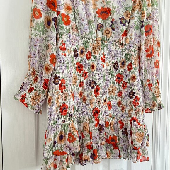 Veronica Beard Saera Smocked Multi Floral Print Chiffon Mini Ruffle Dress Size 0 - Picture 4 of 8